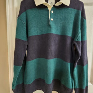 H&M Knit  Polo Sweater Navy Green Cotton Stripes Long Sleeve size XS